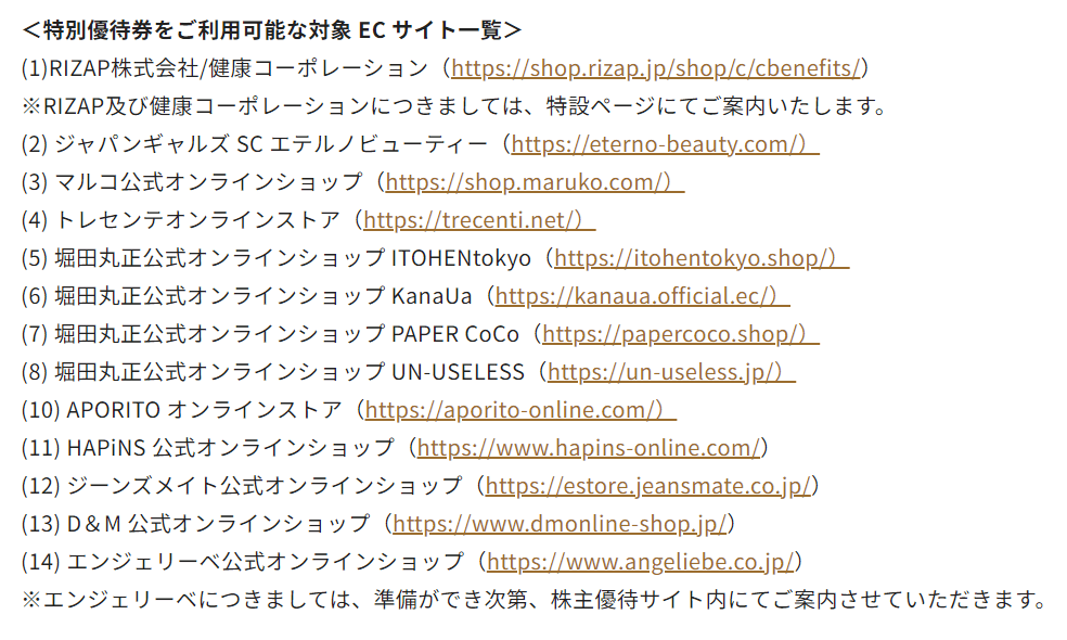 202403RIZAPグループ特別優待券対象ECサイト一覧