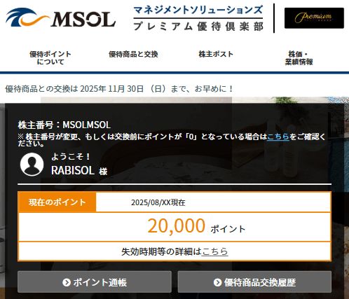 202506マネジメントソリューションズプレミアム優待倶楽部ポイント画面