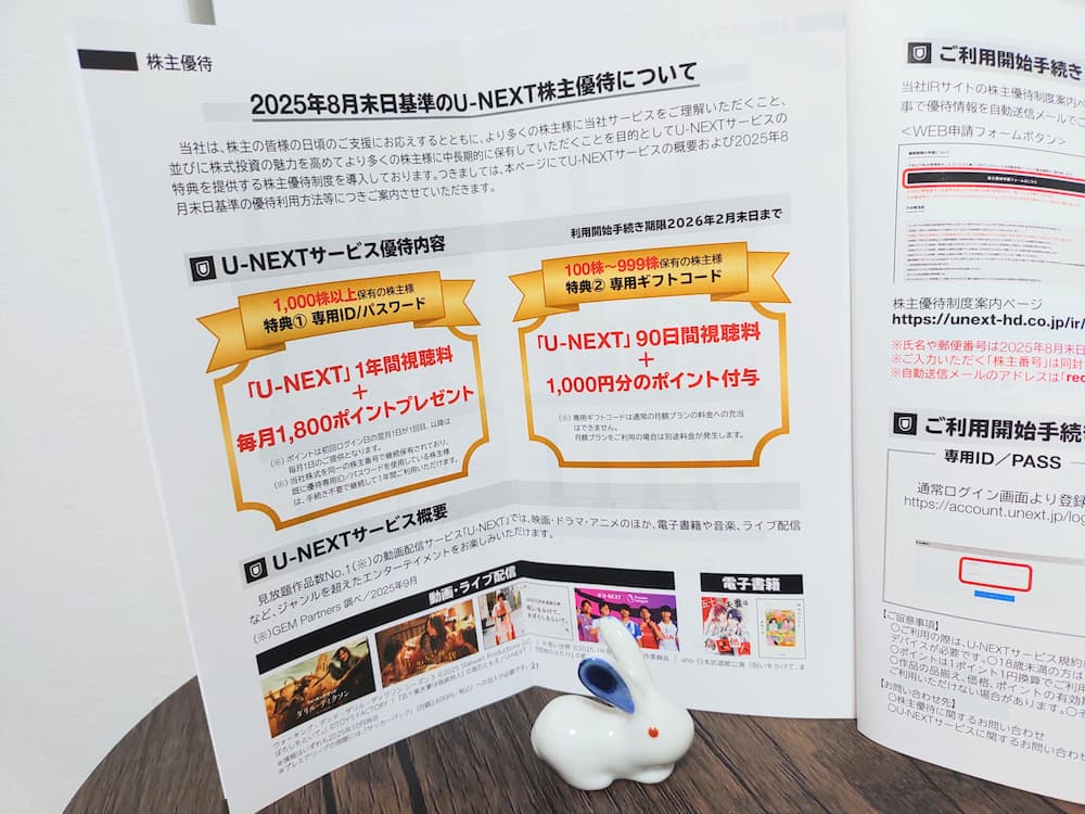 202508USEN-NEXT HOLINGS株主優待、U-NEXTサービス案内
