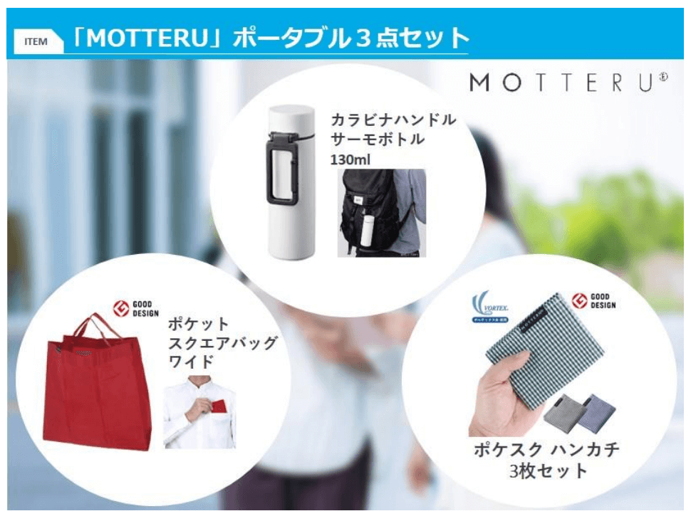 トランザクション2024年8月末分優待品｜「MOTTERU」ポータブル3点セット」