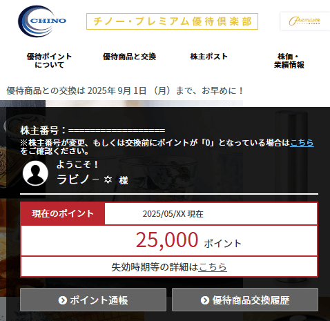 202503チノー株主優待プレミアム優待倶楽部ポイント付与